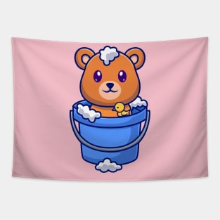 Cute Bear Bathing In Bucket With Bubble Cartoon Tapestry