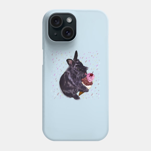 bunny rabbit sprinkles! cute  ebony colored coloured lionhead bunny rabbit  licking a three scoop icecream Phone Case by Artonmytee