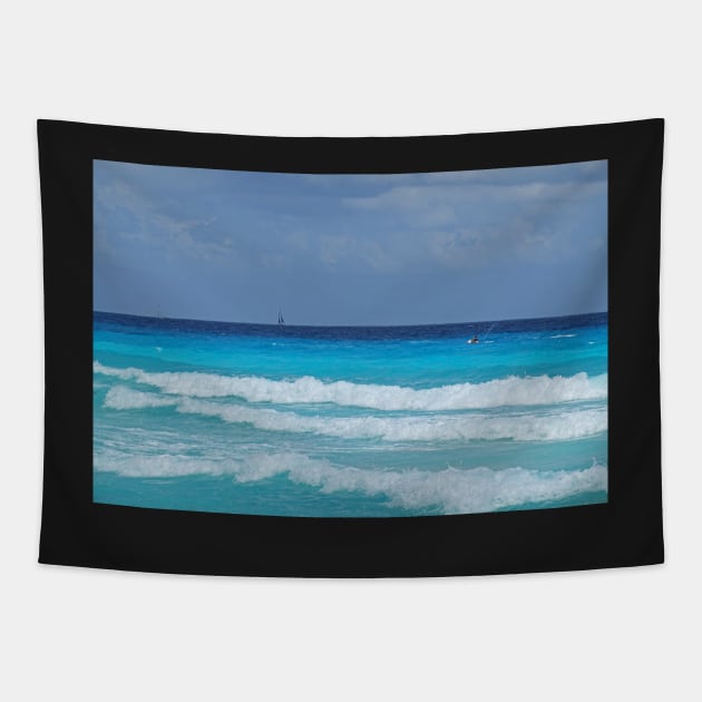 Cancun Mexico Sailing and Jet Skiing on the beautiful blue water of Cancun Beach Tapestry by WayneOxfordPh