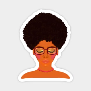 Woman with Afro, Glasses and Coral Beaded Jewelry (White Background) Magnet