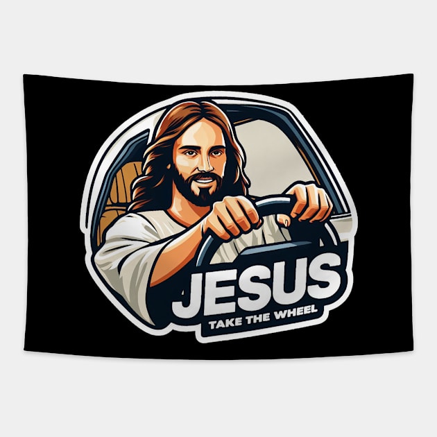 Jesus Take The Wheel Tapestry by Plushism