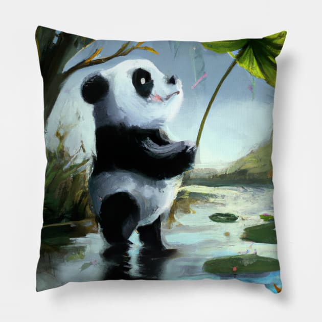 Panda with Leaf Umbrella Pillow by maxcode