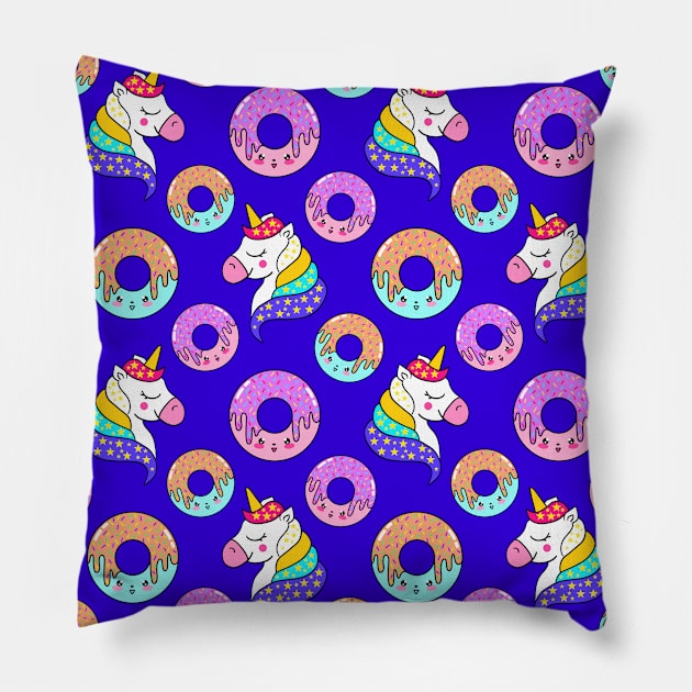 Cute happy funny colorful dreaming magical fantasy unicorns, sweet yummy Kawaii adorable donuts cartoon midnight blue pattern design. Pillow by IvyArtistic