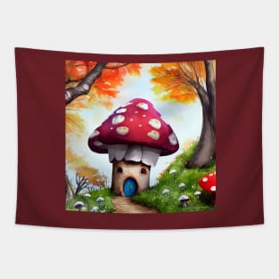 Cute and Cozy Cabin in the Autumn Woods in the shape of a Mushroom Tapestry