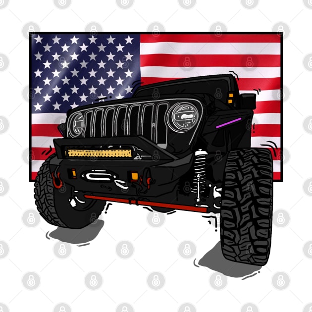 Jeep with American Flag - Black Essential by 4x4 Sketch