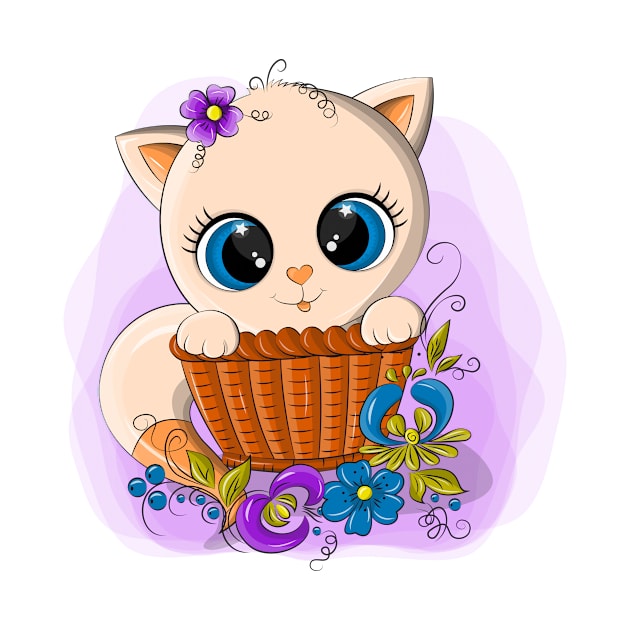 Funny beige cat in a wicker basket by Eduard Litvinov