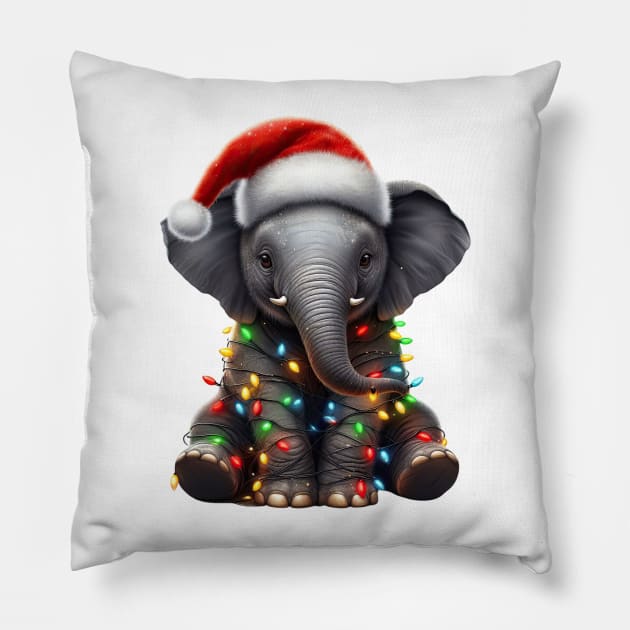 Elephant Wrapped In Christmas Lights Pillow by Chromatic Fusion Studio