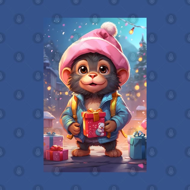 Cute Monkey with Christmas Present by Leon Star Shop