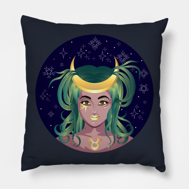 Taurus girl with crescent moon crown Pillow by AnnArtshock