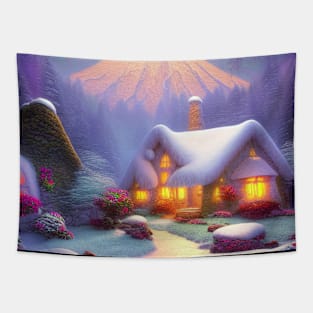 Magical Fantasy Cottage with Lights In A Snowy Scene, Scenery Nature Tapestry