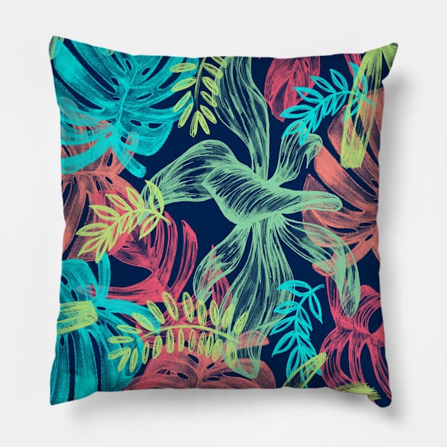 Blue and Green Tropical Palm Leaf Print Pillow by Mirnamar