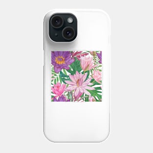 Waterlily, Monstera leaves watercolor tropical illustration. Exotic summer floral print. Colorful summer jungle Phone Case