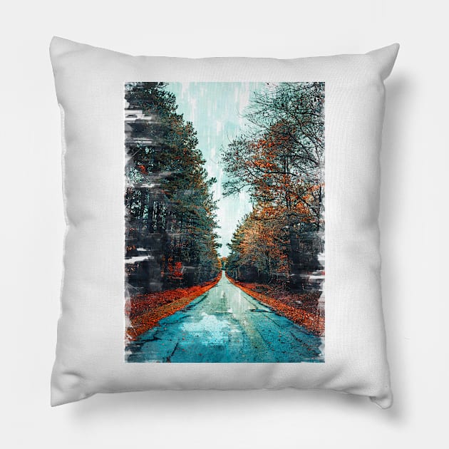 Foresty Straight Road - For Travelers Pillow by ColortrixArt