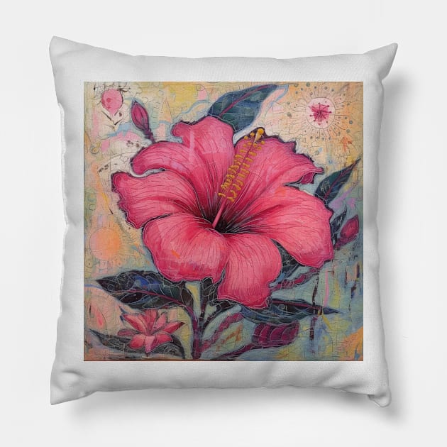 Pink Hibiscus Flower in art brut style Pillow by EpicFoxArt