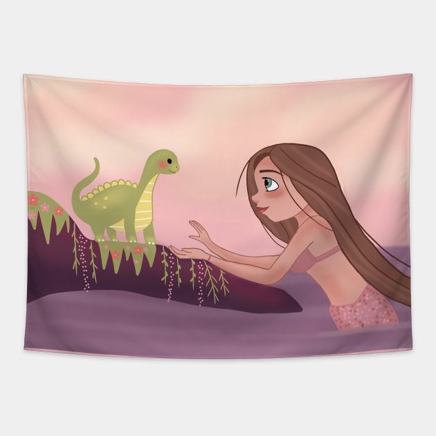 Mermaid and dinosaur Tapestry by midnightfirefliesart