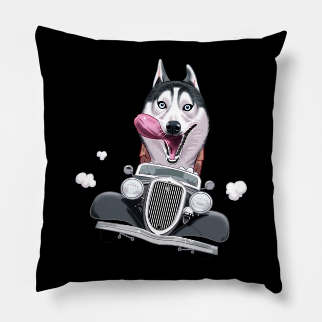 Siberian Husky Driving a Classic Car Pillow by Toss4Pon