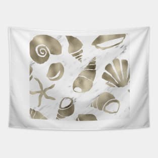 Golden South Pacific sea shells - white marble Tapestry