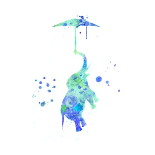 Blue Baby Elephant With Umbrella Watercolor Painting T-Shirt