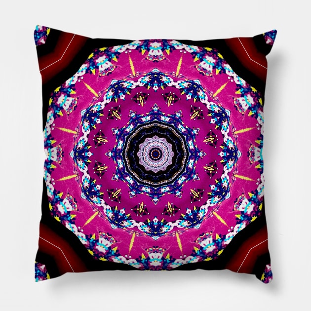 Mandala Kaleidoscope in Shades of Burgundy, Pink, Yellow, Blue, and White Pillow by Crystal Butterfly Creations
