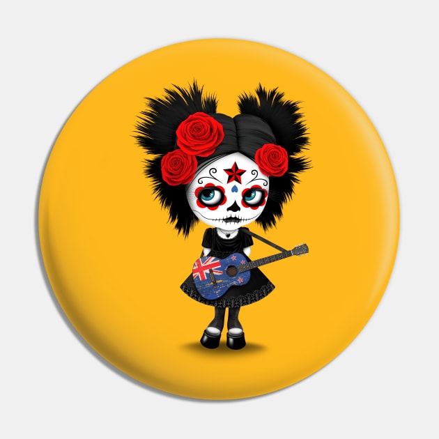 Sugar Skull Girl Playing New Zealand Flag Guitar Pin by jeffbartels