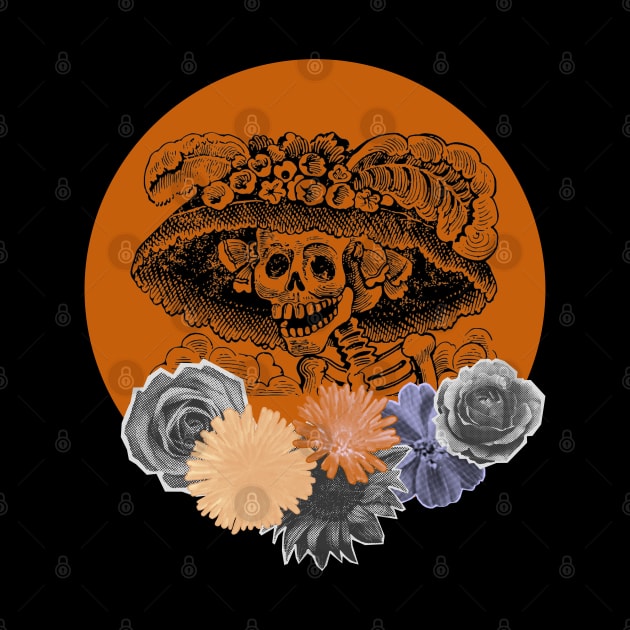 Halloween, Classic La Catrina, Black and Orange with Flowers by SwagOMart