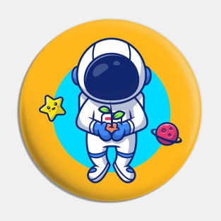 Astronaut Holding Plant In Space With Star And Planet Cartoon Pin