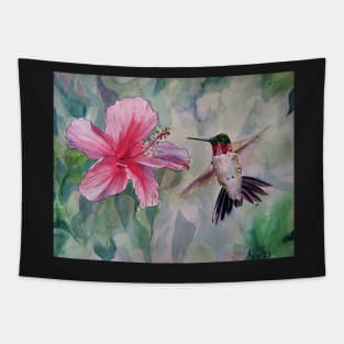 Pen and Ink Ruby Throated Hummingbird and Hibiscus Tapestry