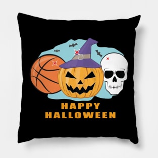 Happy Basketball Halloween - Spooky Skull and Pumpkin Pillow