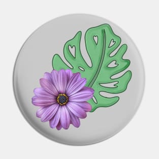 Monstera Leaf and Purple Daisy - Swiss Cheese Leaf Pin