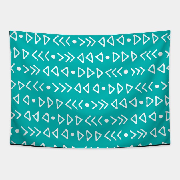 Teal Blue and White Hand Drawn Modern Triangles Pattern Tapestry by dreamingmind