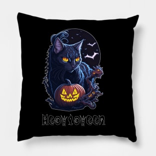 Meowloween Black Cat & Pumpkin - Happy Halloween! Pillow