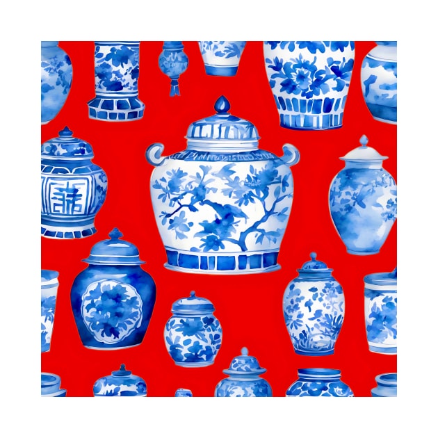 Blue and white chinoiserie jars on red by SophieClimaArt