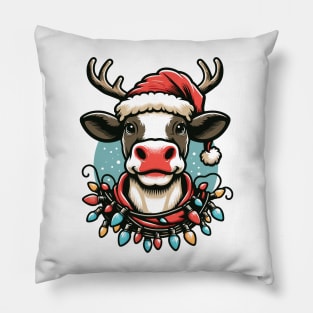 Cow With Santa Hat & Reindeer Antlers Funny Christmas Design Pillow