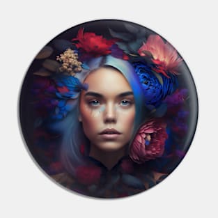 Girl with blue hair and flowers Pin