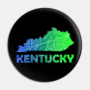 Colorful mandala art map of Kentucky with text in blue and green Pin