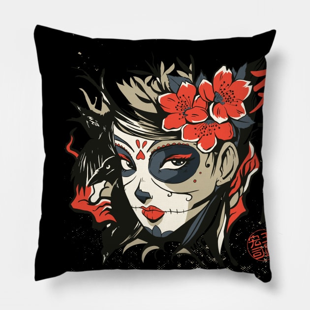 Asian Sugar Skull Red Roses Tattoo Style Pillow by Kali Space