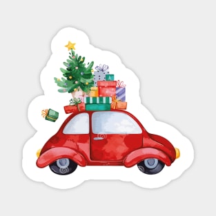 Merry Christmas Retro car with Christmas Gifts. Magnet