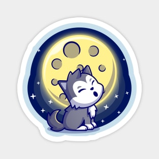 Cute Wolf Roar With Moon Cartoon Magnet