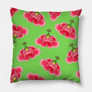 Chinese Vintage Pink and Red Flowers with Vivid Lime Green - Hong Kong Traditional Floral Pattern Pillow