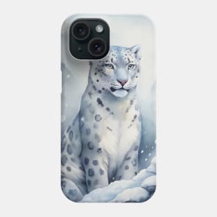 A Proud Snow Leopard Went Hunting, in the Snowy forest, Hight Mountains, Snow Falling, Winter Landscape, Wildlife White Panthera, Watercolor Realistic Illustration, Art, Portrait, Poster, Shirt, Christmas Holiday, Birthday gifts, Hunting lover Phone Case