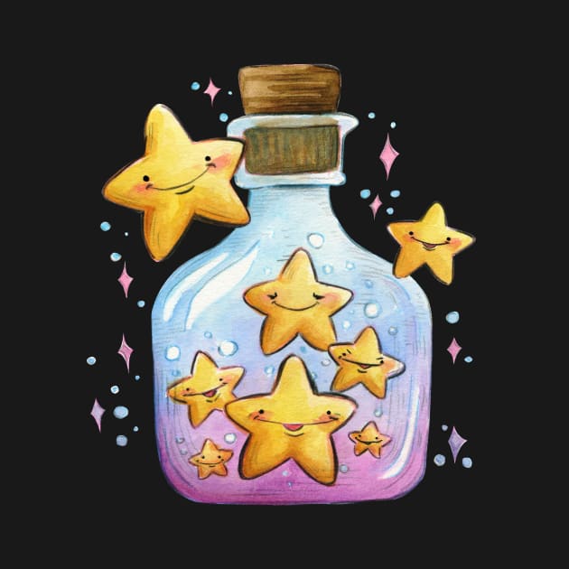 Fairy Bottle Little happy stars watercolour painting by Carlotta Mascolo Art