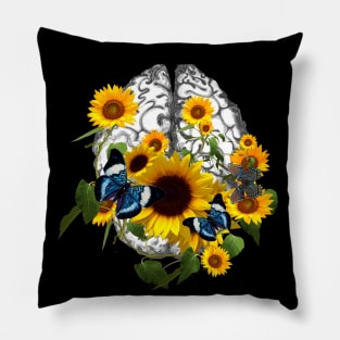 Brain sunflowers and blue butterflies, Mental Health Pillow