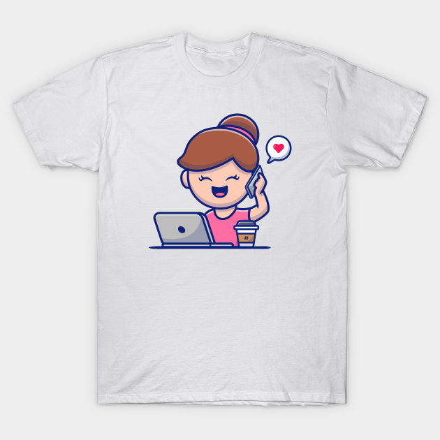 Discover Girl Operating Laptop And Calling By Phone - Work - T-Shirt