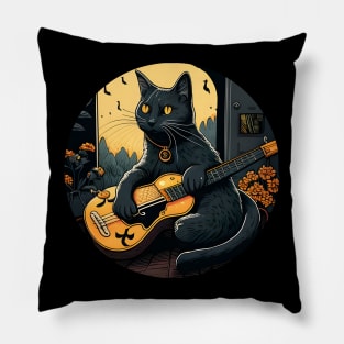 Alone Cool Black Cat Playing Guitar Bass - Love Cats Pillow