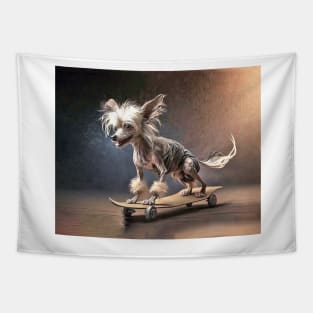 Chinese Crested Dog Riding a Skateboard Tapestry