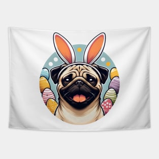 Pug Celebrates Easter with Bunny Ears and Colorful Eggs Tapestry