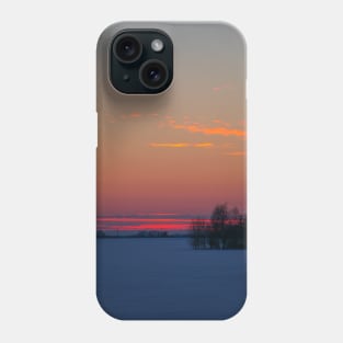 Sunset winter landscape with snow-covered road in violet and pink colors Phone Case
