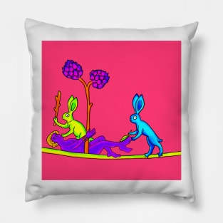 Medieval Rabbits Tickling a Person Bad Weird 90's Colorful Retro Art Pillow