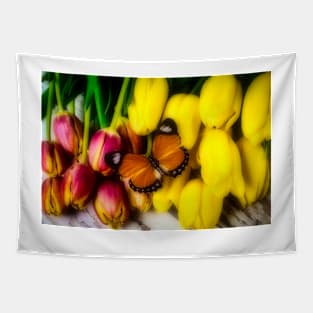 Tulips And Orange Butterfly Tapestry