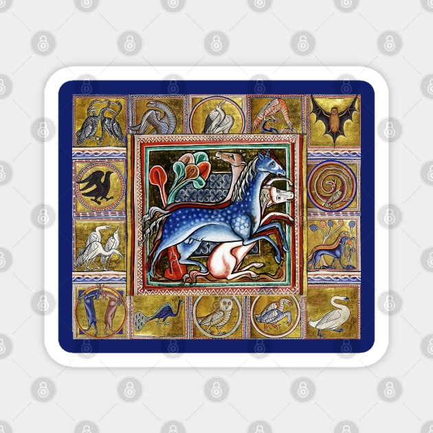 MEDIEVAL BESTIARY THREE HORSES, FANTASTIC ANIMALS IN GOLD RED BLUE COLORS Magnet by BulganLumini